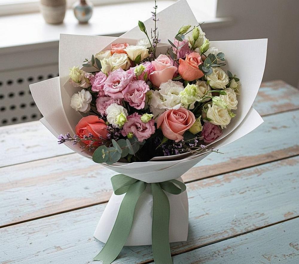 Букет цветов из: Розы, Лизиантусы и Гвоздики в Визинге