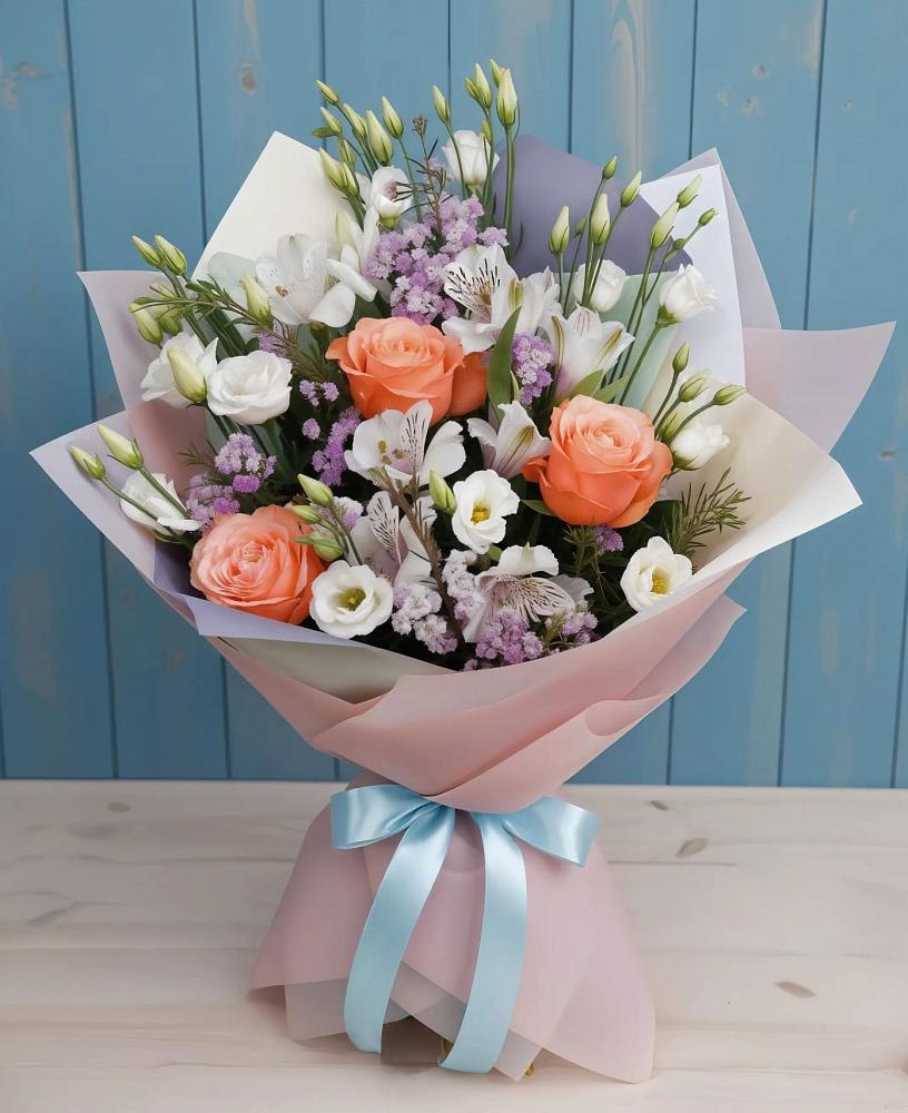 Букет цветов из: Лизиантусы, Розы, Альстромерии и Гипсофила в Визинге