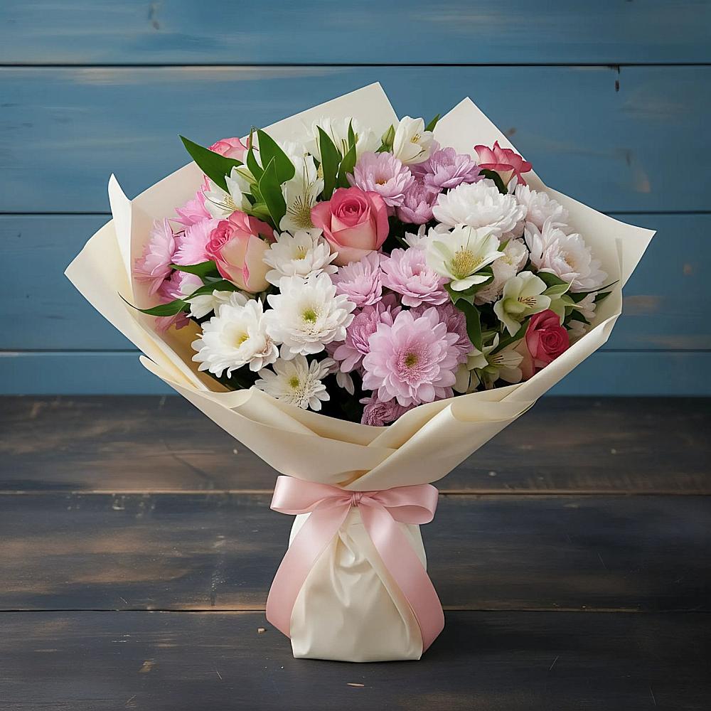 Букет цветов из: Хризантемы, Альстромерии и Розы в Визинге